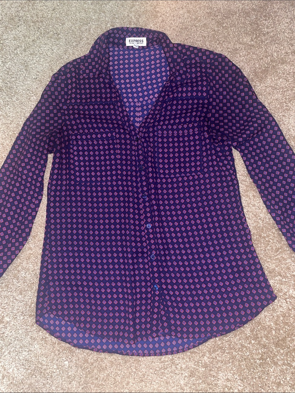 Express women’s  Navy Button-Down Shirt with pink and blue Geometric Print
